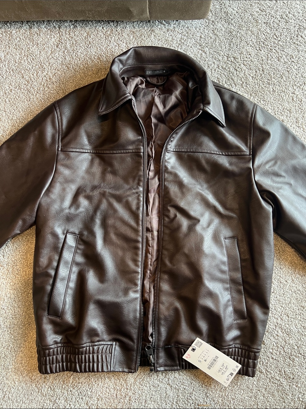 Zara Dark Brown Leather Bomber Jacket